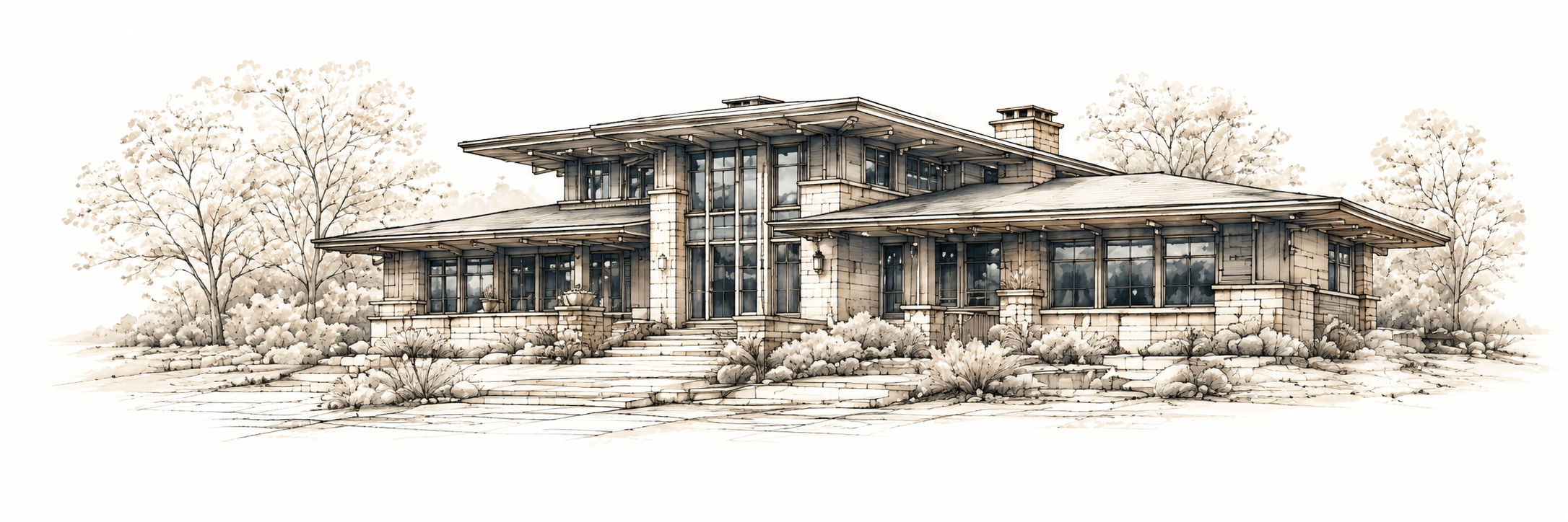 Wide prairie-style single-family home illustration