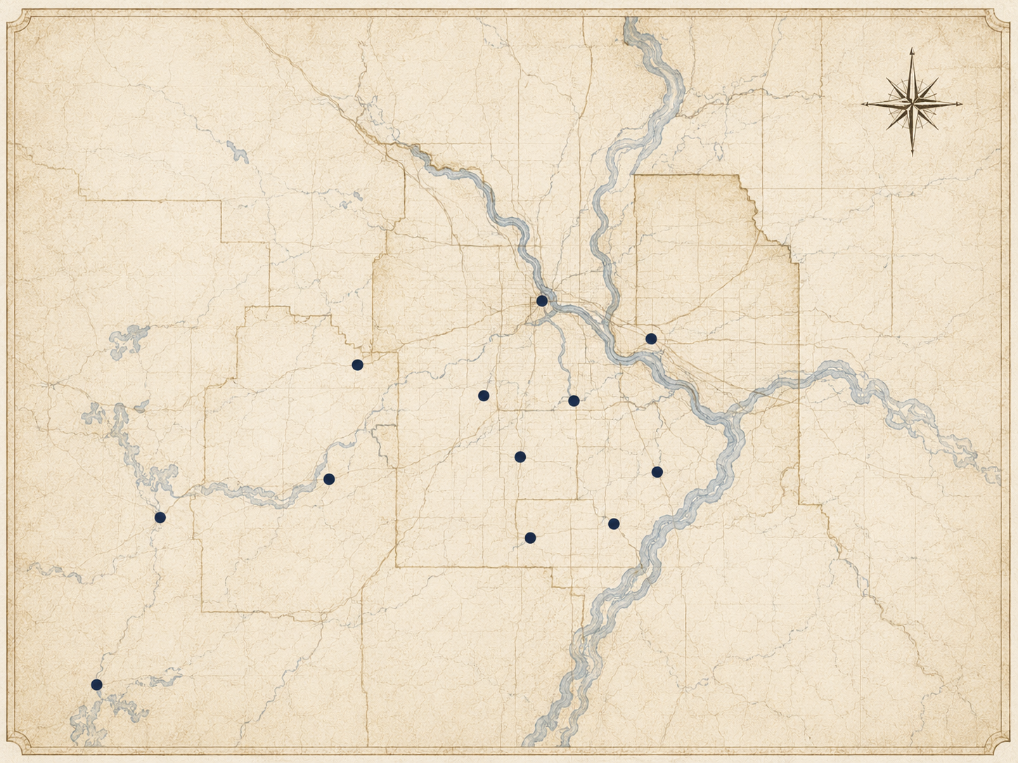 Old-world style map of Minnesota, the Twin Cities, and surrounding counties